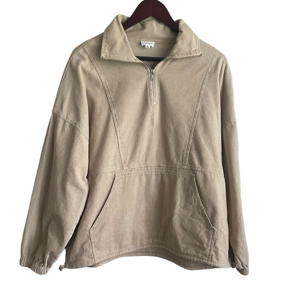 Le Lis Women Ribbed Quarter Zip Pullover Top M Beige Cinch Hem Lounge Athleisure
